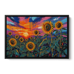Sunflower Sunset Painting in Magenta and Blue - Black Framed Canvas Wall Art - Front