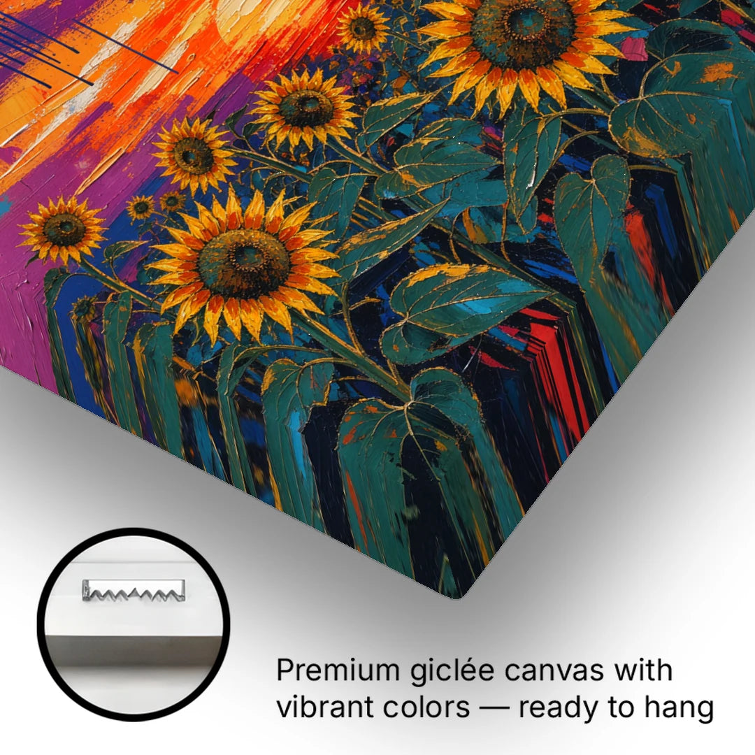 Sunflower Sunset Painting in Magenta and Blue - Canvas Wall Art - Gallery Wrap Corner