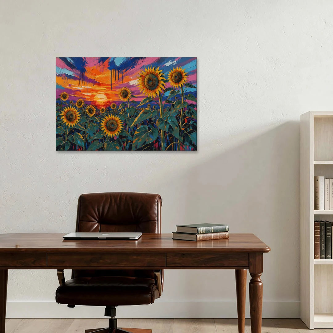Sunflower Sunset Painting in Magenta and Blue - Canvas Wall Art - Office - 36x24