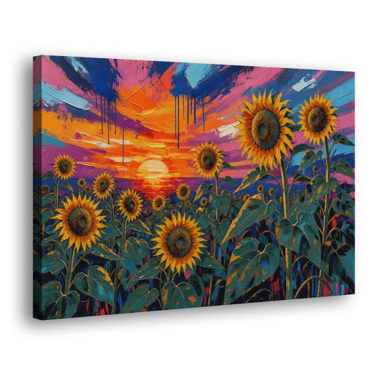Sunflower Sunset Painting in Magenta and Blue - Canvas Wall Art - Side