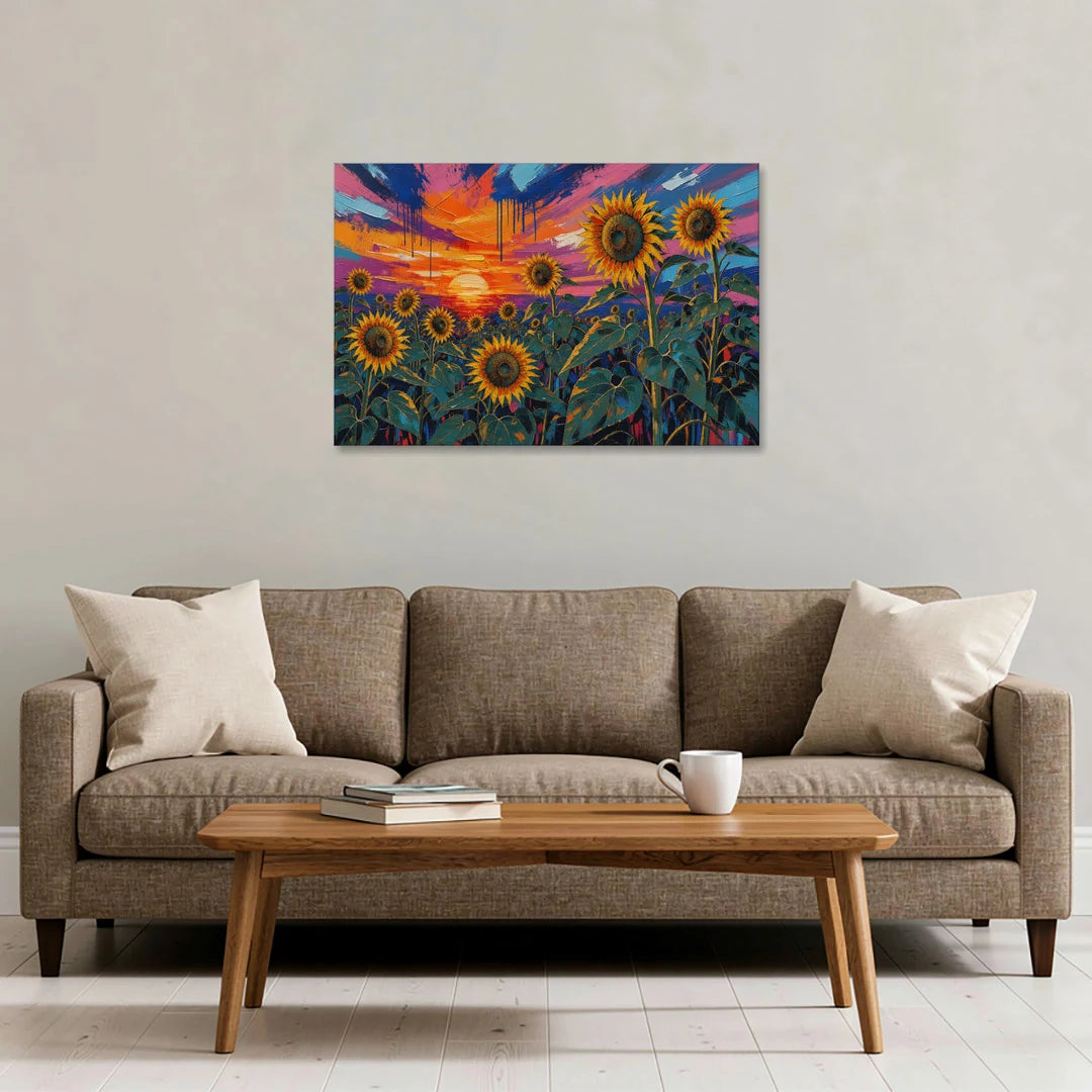 Sunflower Sunset Painting in Magenta and Blue - Canvas Wall Art - Sofa - 36x24