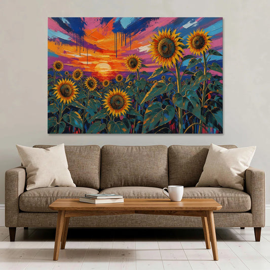 Sunflower Sunset Painting in Magenta and Blue - Canvas Wall Art - Sofa - 60x40