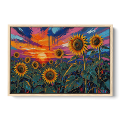 Sunflower Sunset Painting in Magenta and Blue - Oak Framed Canvas Wall Art - Front