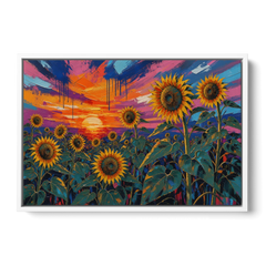 Sunflower Sunset Painting in Magenta and Blue - White Framed Canvas Wall Art - Front