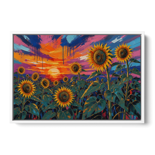 Sunflower Sunset Painting in Magenta and Blue - White Framed Canvas Wall Art - Front