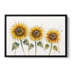 Sunflower Watercolor Painting with Amber Splashes - Black Framed Canvas Wall Art - Front