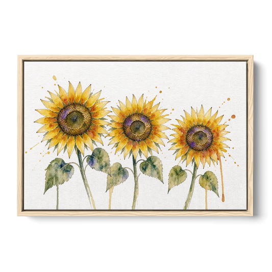 Sunflower Watercolor Painting with Amber Splashes - Oak Framed Canvas Wall Art - Front