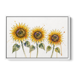 Sunflower Watercolor Painting with Amber Splashes - White Framed Canvas Wall Art - Front