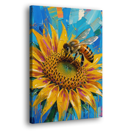 Sunflower and Bee in Bold Color - Canvas Wall Art - Side