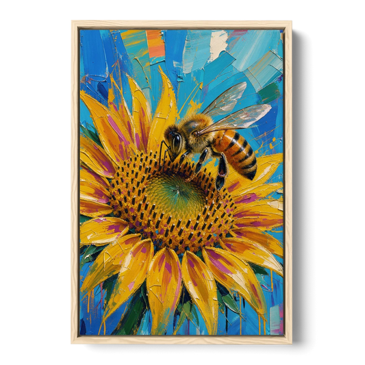 Sunflower and Bee in Bold Color for the Kitchen - Oak Framed Canvas Wall Art - Front