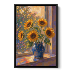 Sunflowers in Vase Painting by the Window - Black Framed Canvas Wall Art - Front