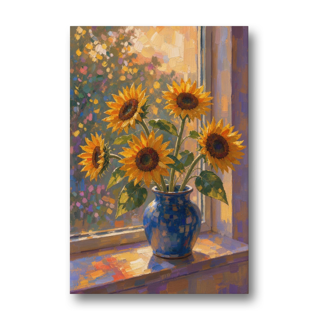 Sunflowers in Vase Painting by the Window - Canvas Wall Art - Front