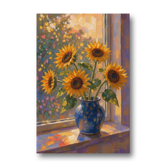 Sunflowers in Vase Painting by the Window - Canvas Wall Art - Front