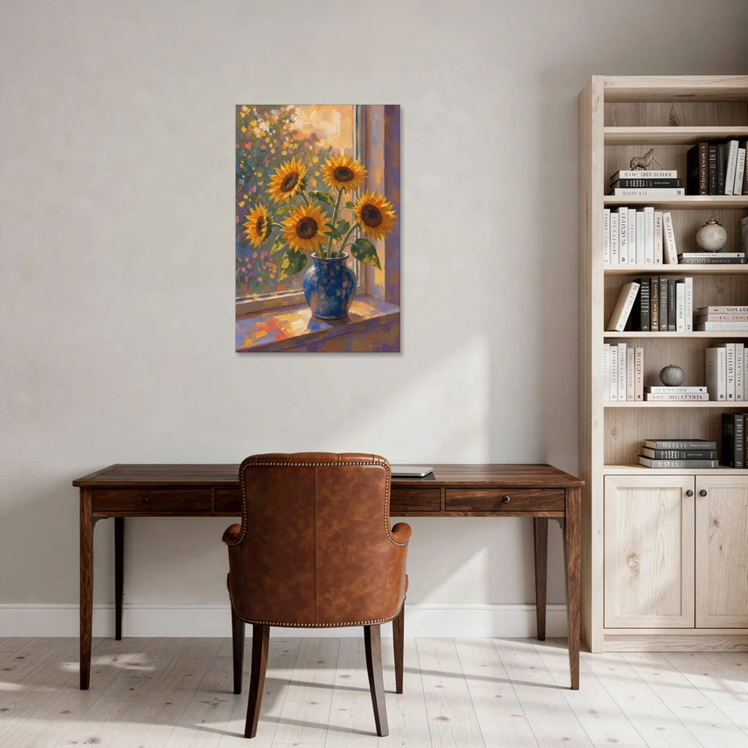 Sunflowers in Vase Painting by the Window - Canvas Wall Art - Office - 24x36
