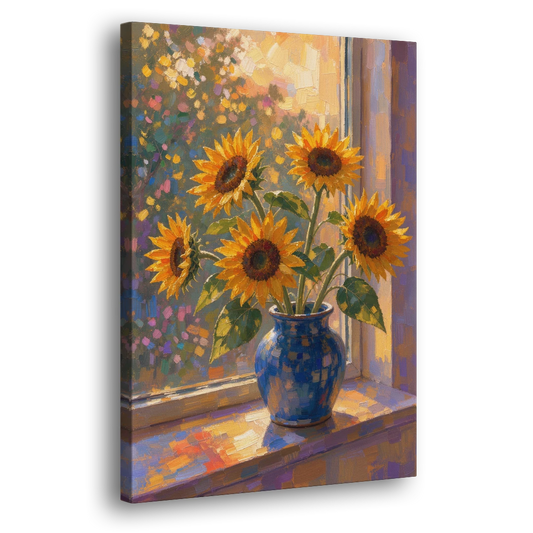 Sunflowers in Vase Painting by the Window - Canvas Wall Art - Side