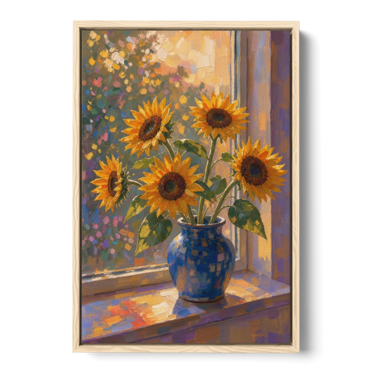 Sunflowers in Vase Painting by the Window - Oak Framed Canvas Wall Art - Front