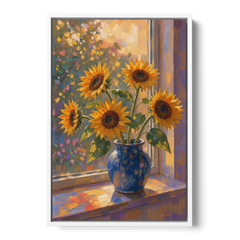 Sunflowers in Vase Painting by the Window - White Framed Canvas Wall Art - Front