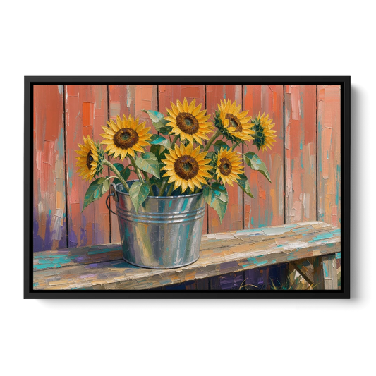 Rustic Sunflowers in a Tin Bucket - Black Framed Canvas Wall Art - Front
