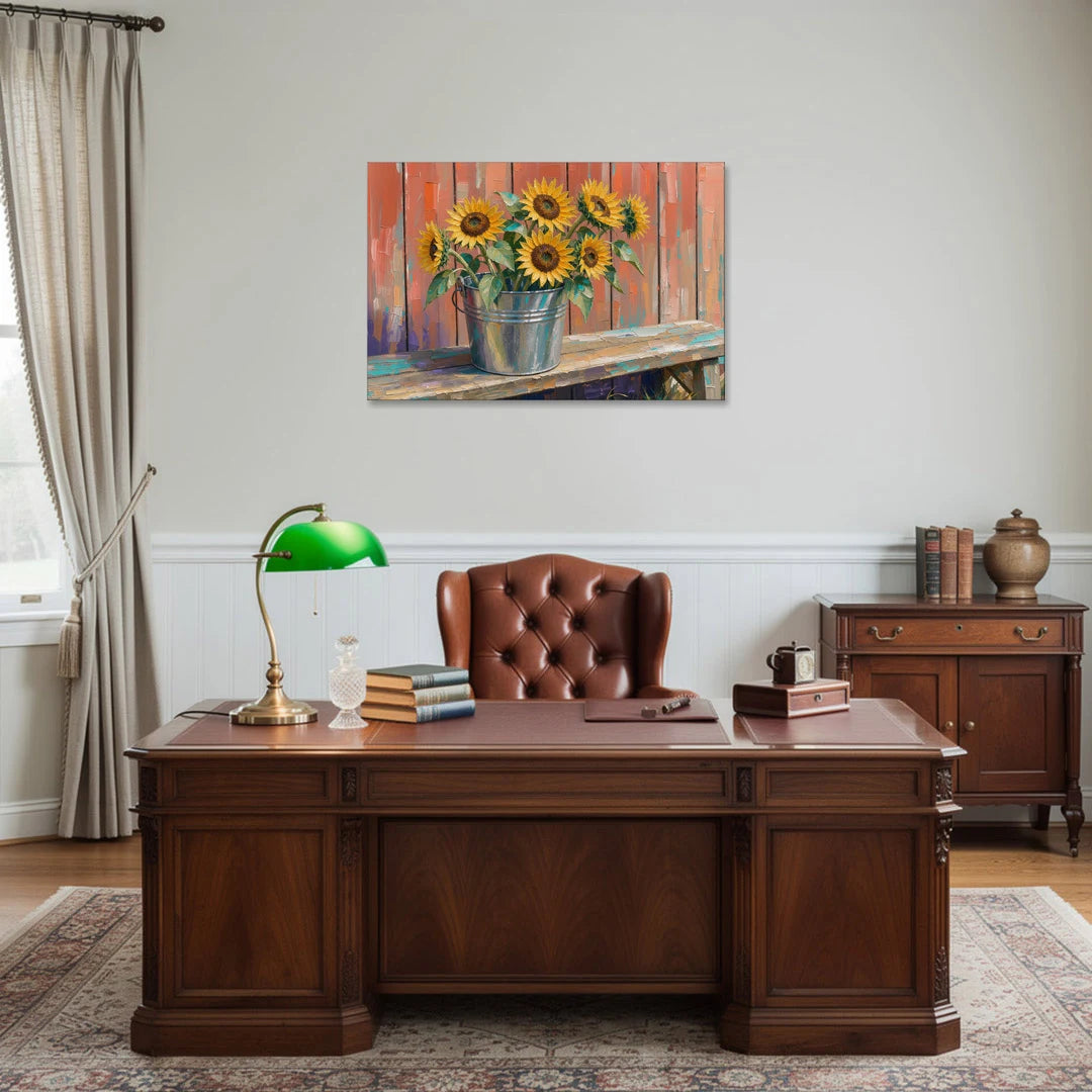 Sunflowers in a Tin Bucket - Canvas Wall Art - Office - 36x24