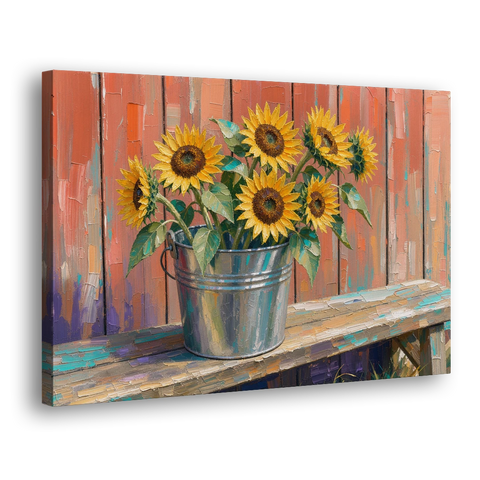 Rustic Sunflowers in a Tin Bucket - Canvas Wall Art