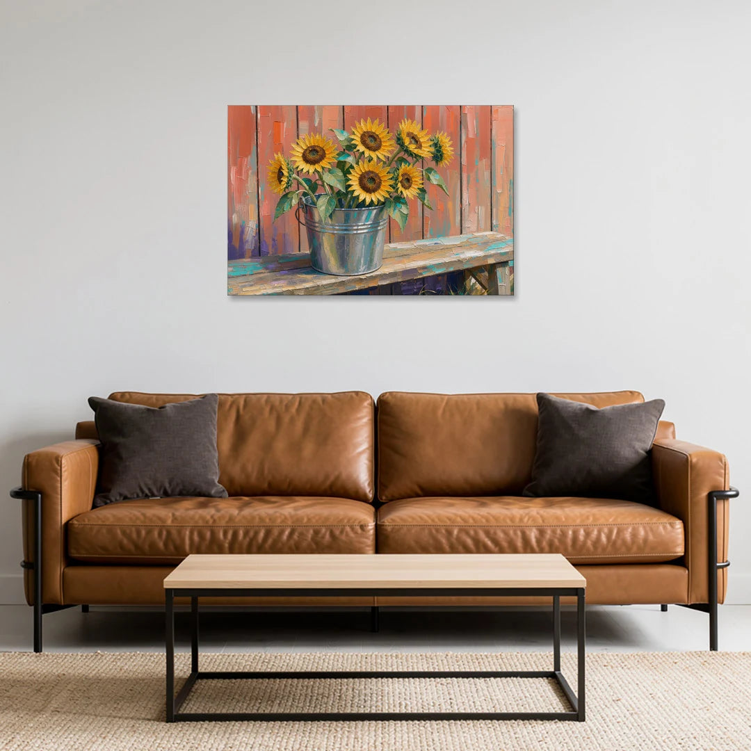 Sunflowers in a Tin Bucket - Canvas Wall Art - Sofa - 36x24