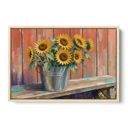 Rustic Sunflowers in a Tin Bucket - Oak Framed Canvas Wall Art - Front
