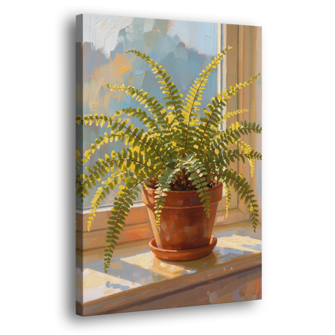 Sunlit Boston Fern in a Terracotta Pot - Canvas Wall Art - Side