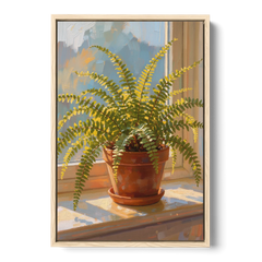 Sunlit Boston Fern in a Terracotta Pot - Oak Framed Canvas Wall Art - Front