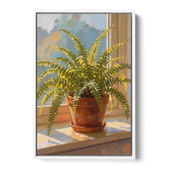 Sunlit Boston Fern in a Terracotta Pot - White Framed Canvas Wall Art - Front