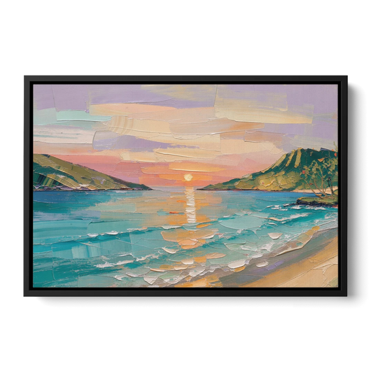 Sunrise Bay Between Sage Green Headlands - Black Framed Canvas Wall Art - Front
