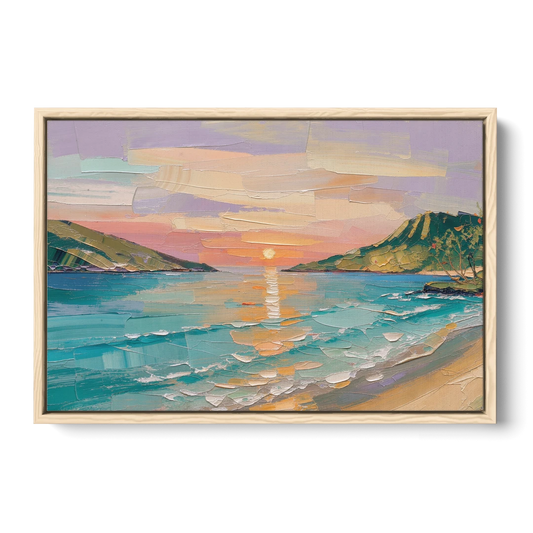 Sunrise Bay Between Sage Green Headlands - Oak Framed Canvas Wall Art - Front
