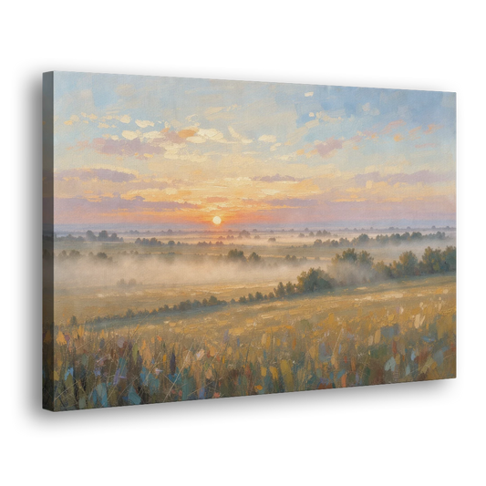 Sunrise Landscape Painting Over Misty Farmland - Canvas Wall Art - Side