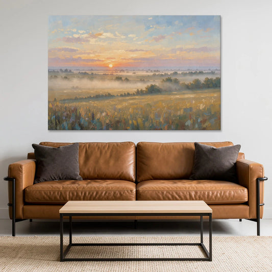 Sunrise Landscape Painting Over Misty Farmland - Canvas Wall Art - Sofa - 60x40
