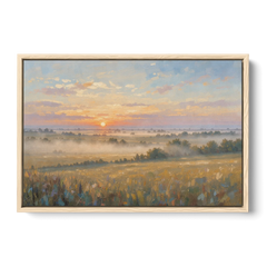 Sunrise Landscape Painting Over Misty Farmland - Oak Framed Canvas Wall Art - Front