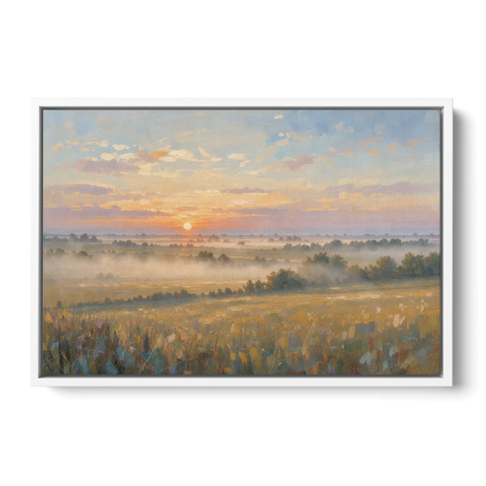 Sunrise Landscape Painting Over Misty Farmland - White Framed Canvas Wall Art - Front