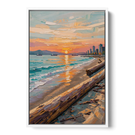 Sunset Beach Vancouver - White Framed Canvas Wall Art - Front