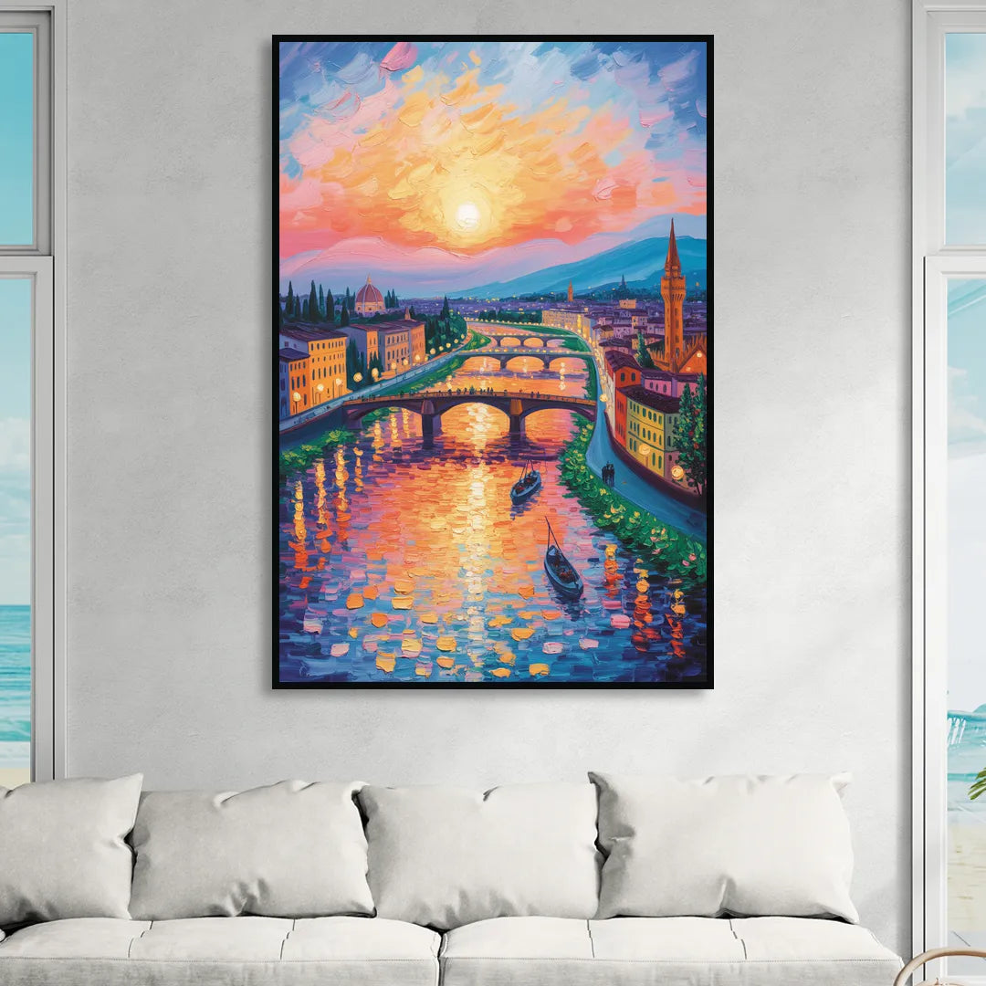 Sunset Over Arno Living Room - Black Canvas Wall Art
