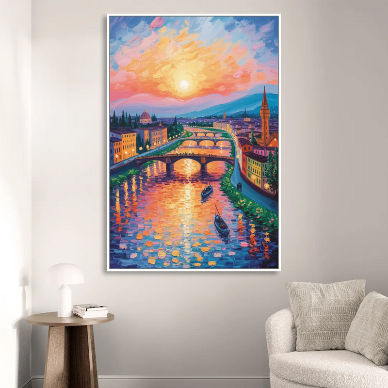 Sunset Over Arno Sitting Room - White Canvas Wall Art
