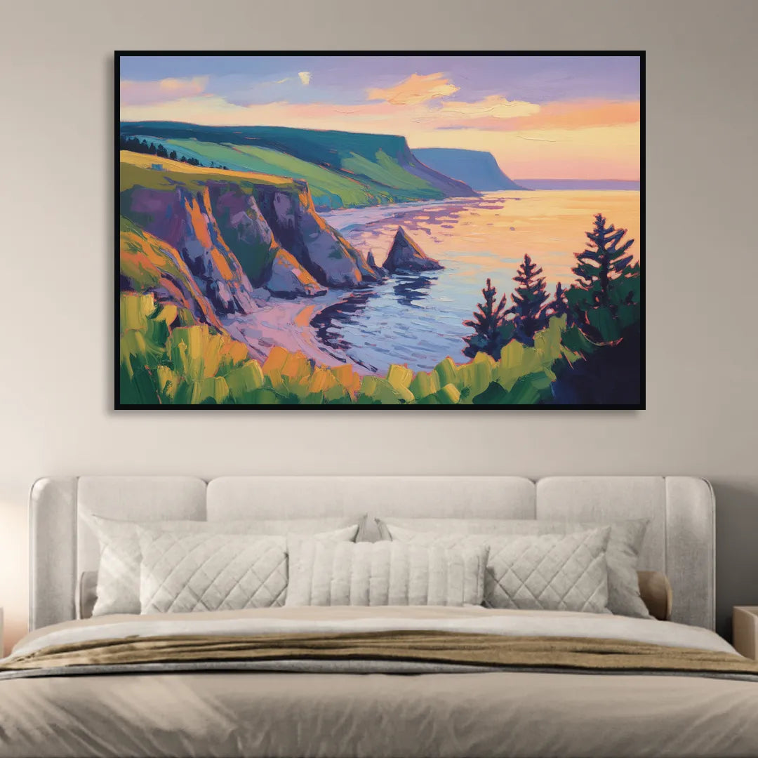 Sunset Over Cape Breton Living Room - Black Canvas Wall Art