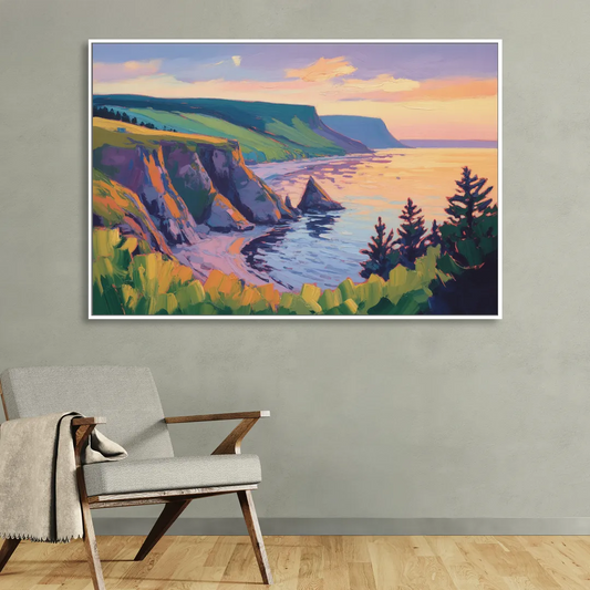 Sunset Over Cape Breton Living Room - White Canvas Wall Art