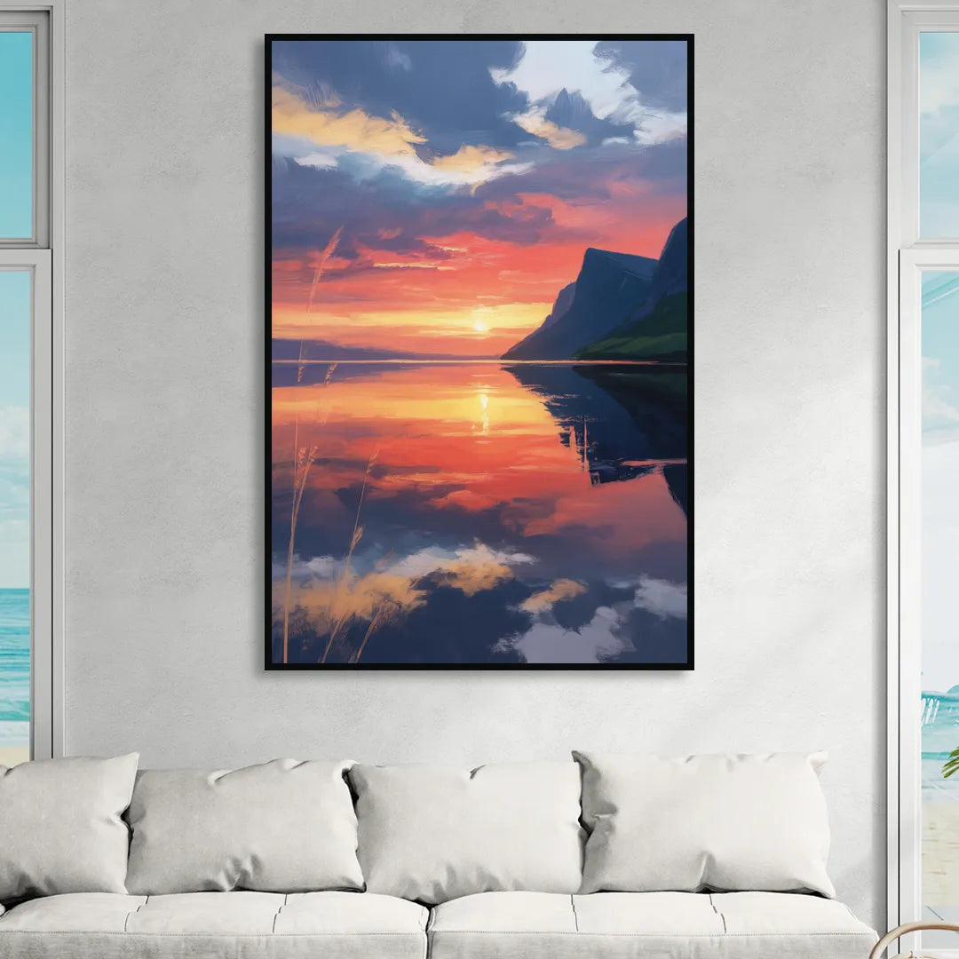 Sunset Over Gros Morne Living Room - Black Canvas Wall Art
