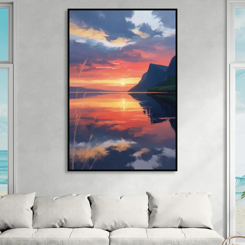 Sunset Over Gros Morne Living Room - Black Canvas Wall Art