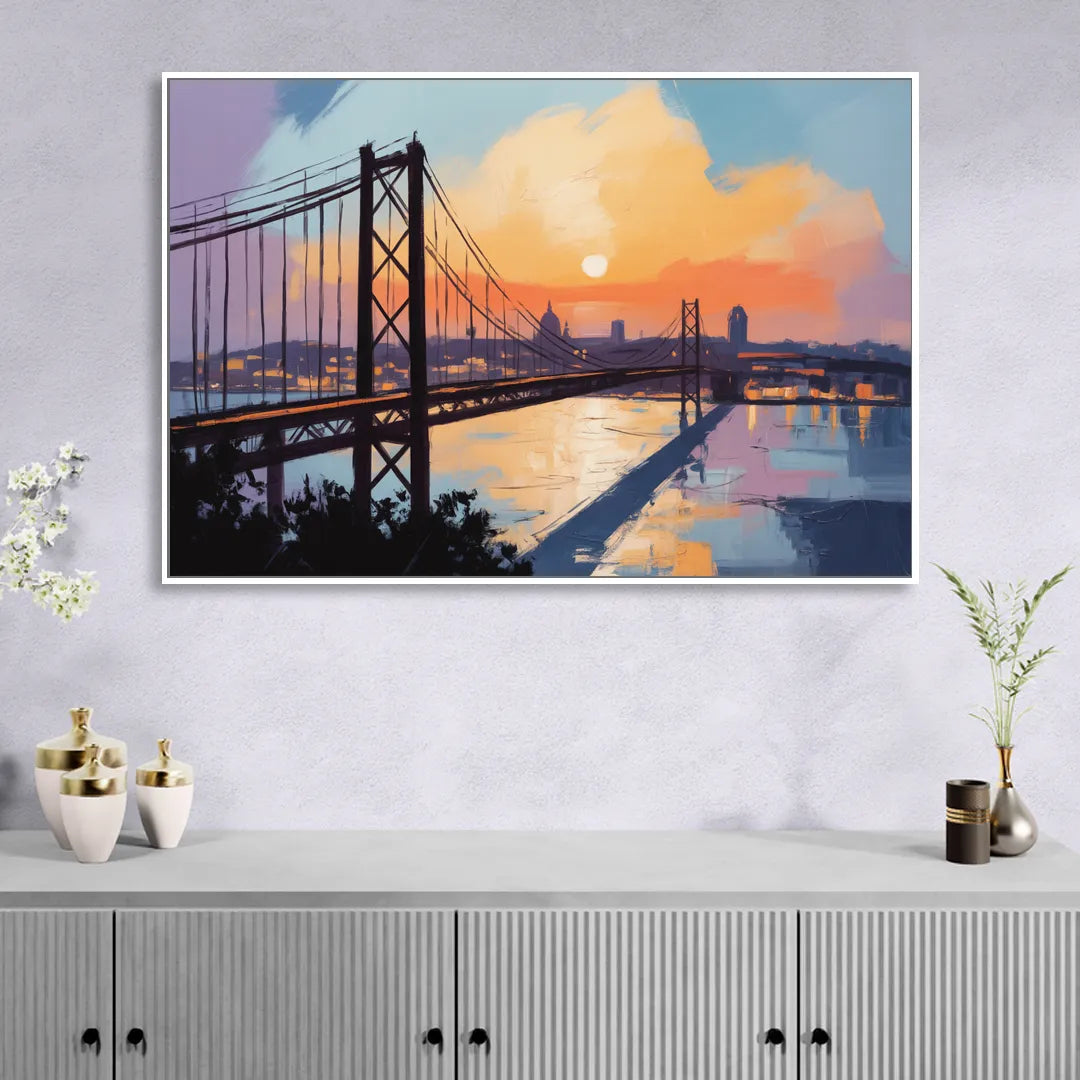Sunset Over Lisbon Living Room - White Canvas Wall Art