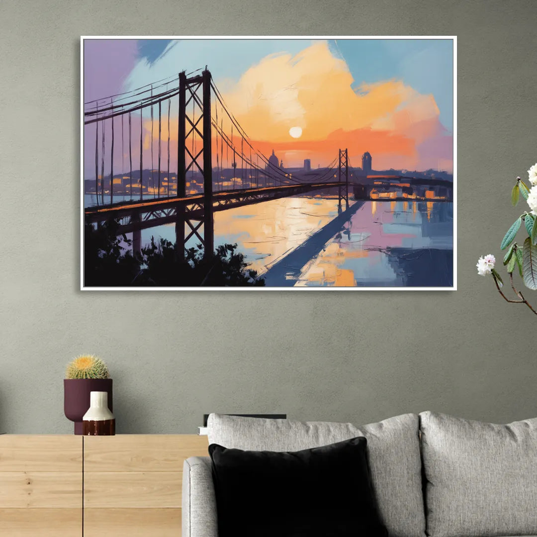 Sunset Over Lisbon Sitting Room - White Canvas Wall Art