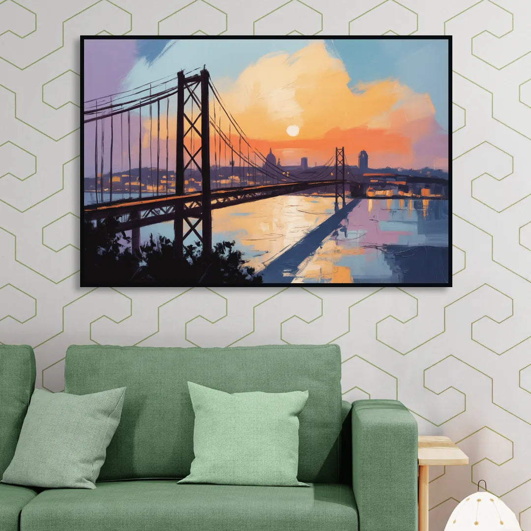 Sunset Over Lisbon Sitting Room - Black Canvas Wall Art