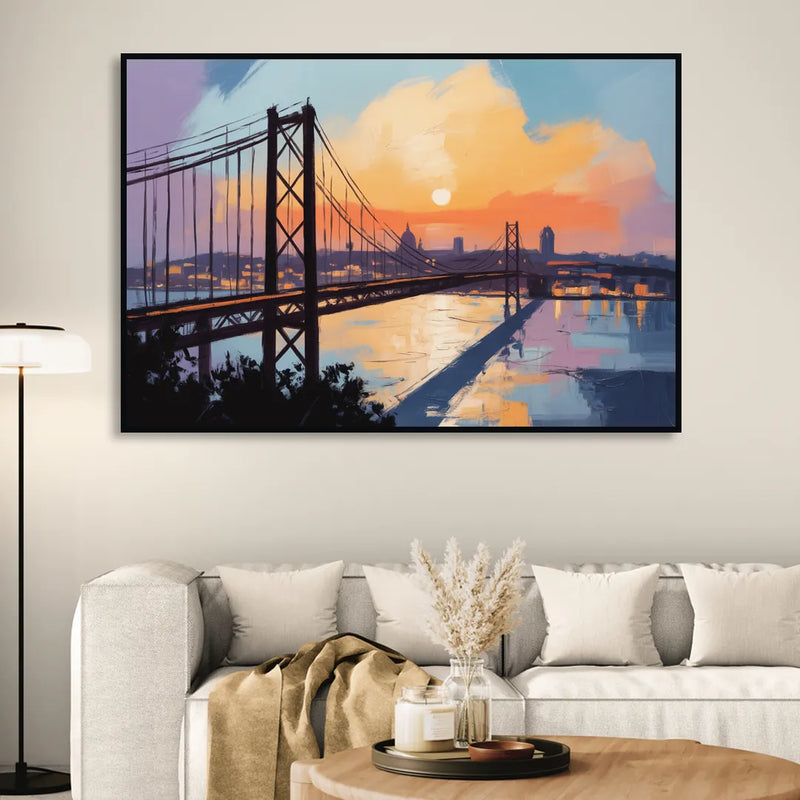 Sunset Over Lisbon Living Room - Black Canvas Wall Art