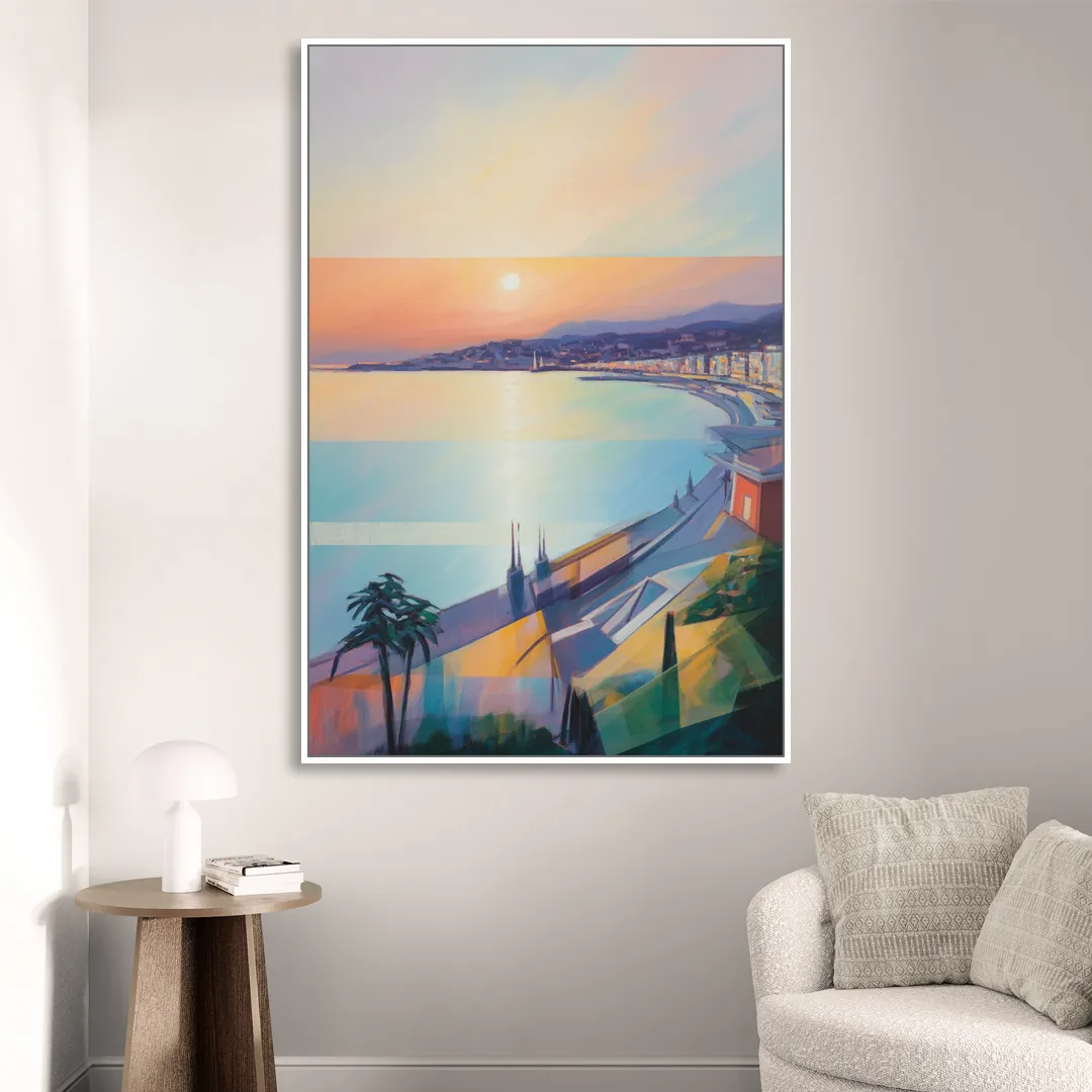 Sunset Over Nice Living Room - White Canvas Wall Art