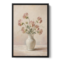 Sweet Peas in an Ivory Milk Glass Vase - Black Framed Canvas Wall Art - Front