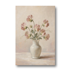 Sweet Peas in an Ivory Milk Glass Vase - Canvas Wall Art - Front