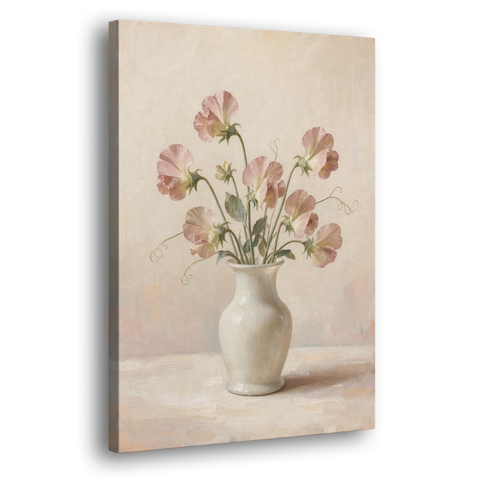 Sweet Peas in an Ivory Milk Glass Vase - Canvas Wall Art - Side